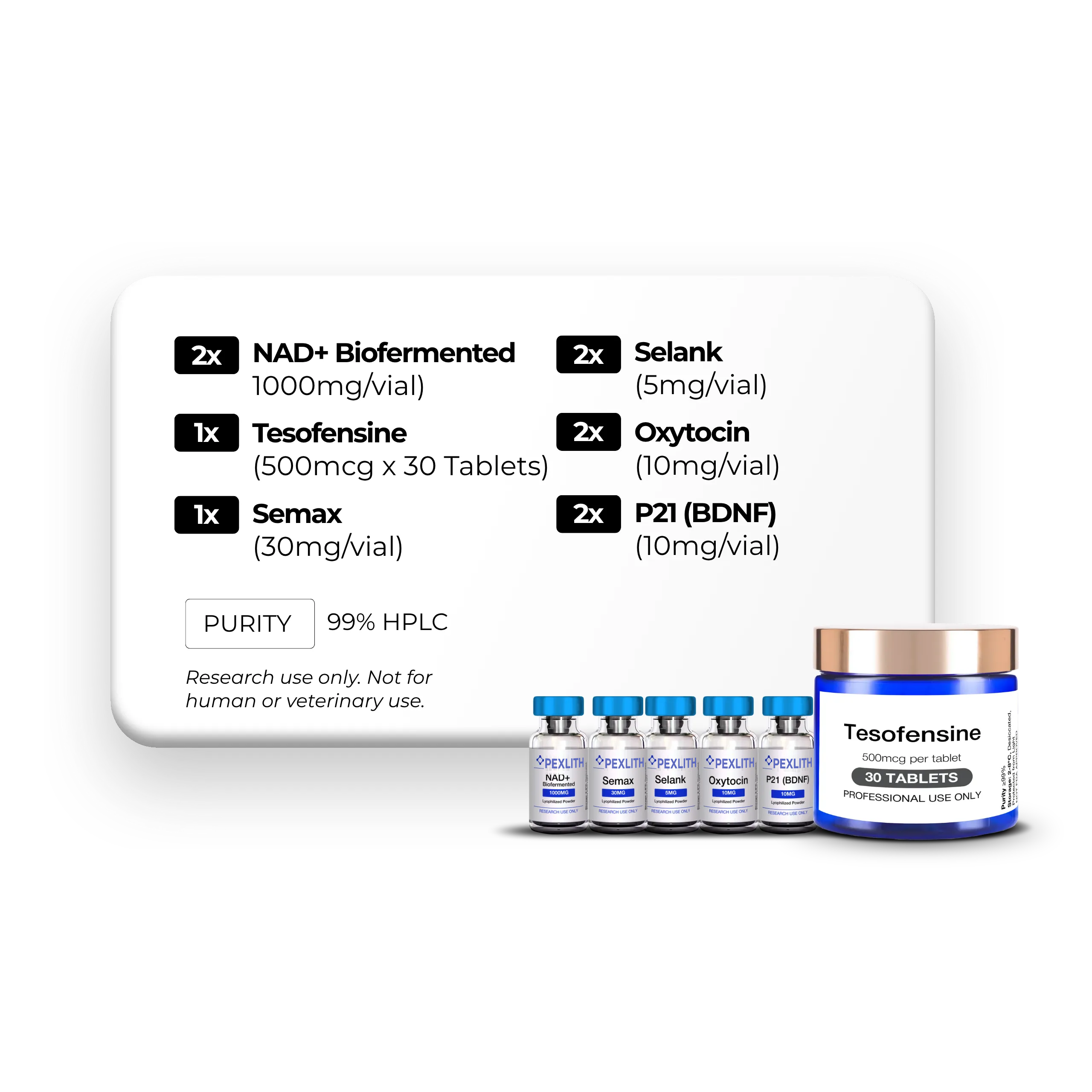NAD+ Biofermented (1000mg), Tesofensine (500mcg x 30 Tablets), Semax (30mg), Selank (10mg), Oxytocin (10mg), BDNF (Brain-derived neurotrophic factor) (10mg)
