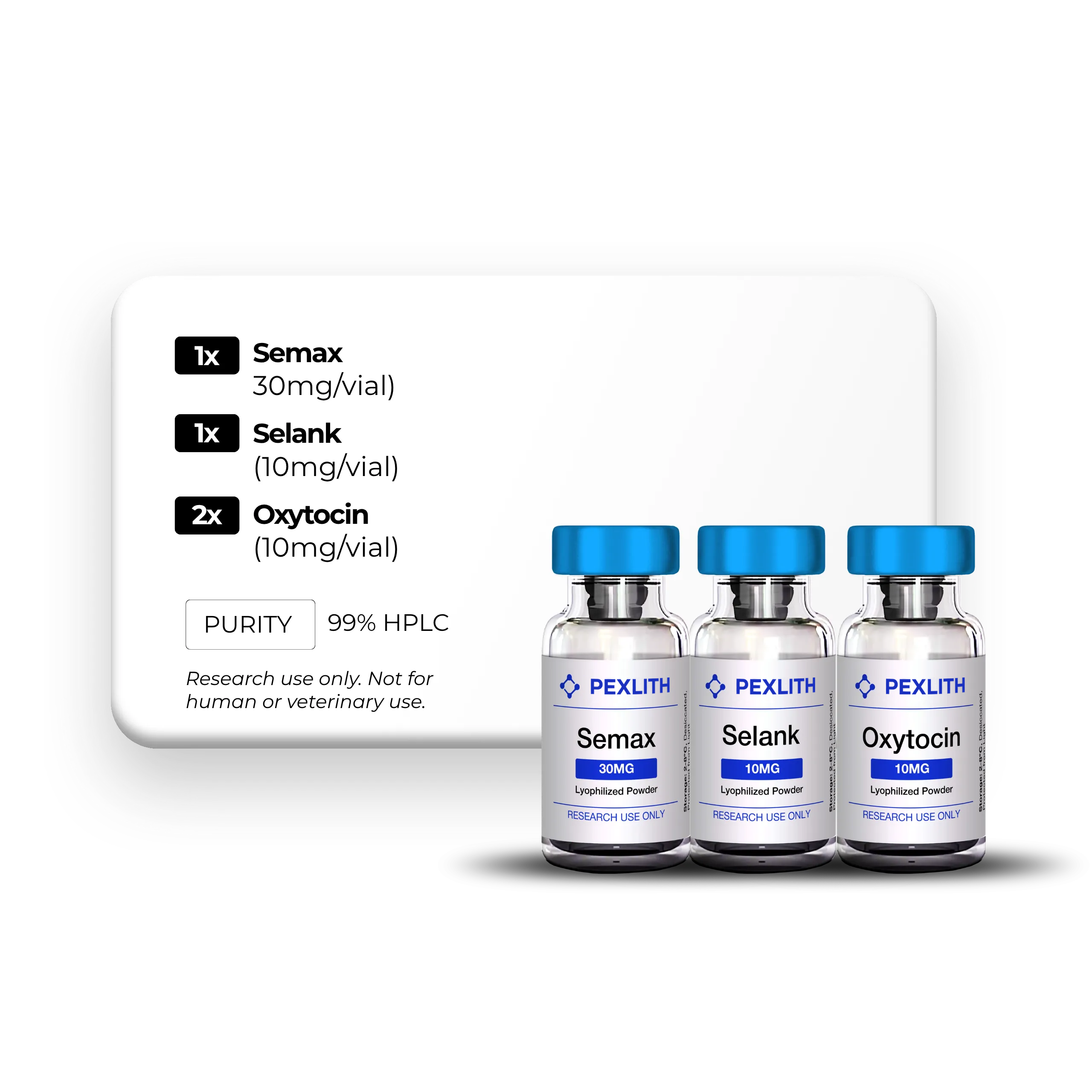 Semax (30mg), Selank (10mg), Oxytocin (10mg)